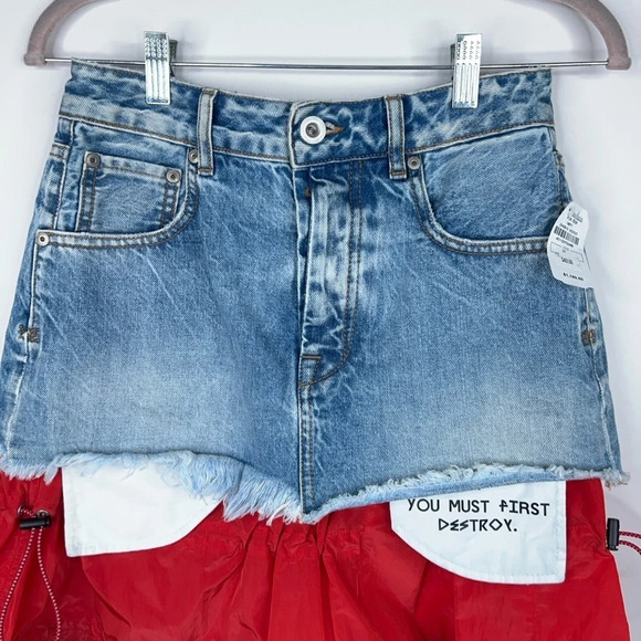 Ben Taverniti Unravel Project Deconstructed Denim Skirt Drawstring Red Layer New - Picture 2 of 9
